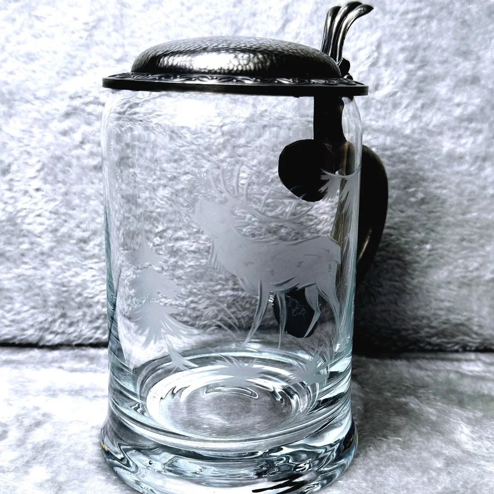 Beer Stein Vintage‎ Etched Glass Pewter Lid Stag Deer Forest Scene German Style